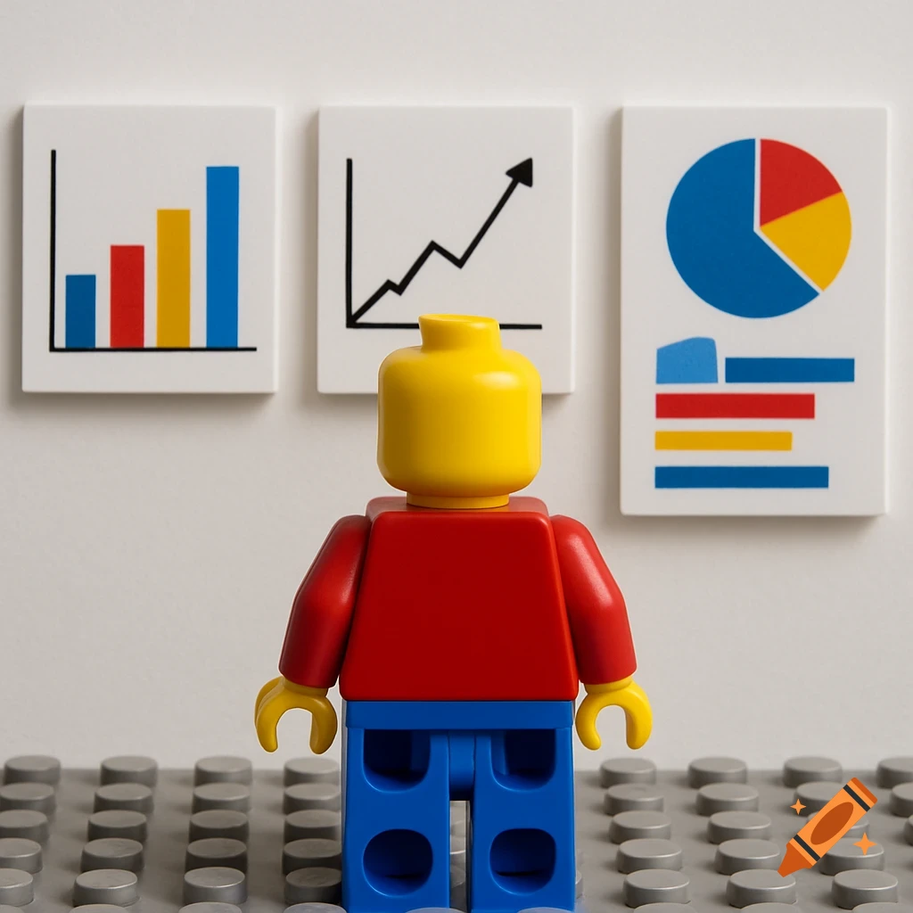 A Lego minifigure stands before three charts on a wall.