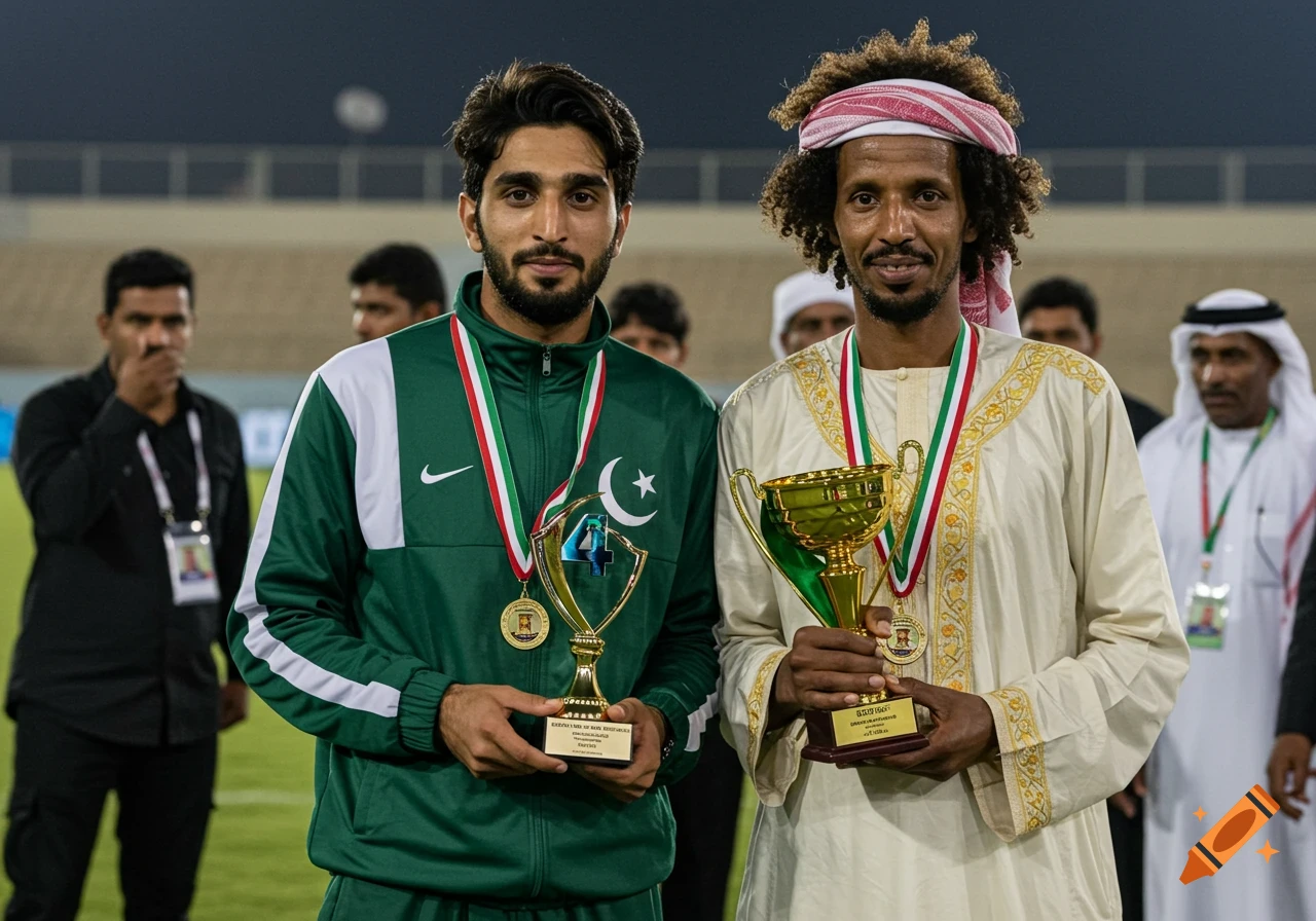 Two men hold trophies and medals after an event, one in a green tracksuit with a Pakistani flag, the other in traditional white clothing.