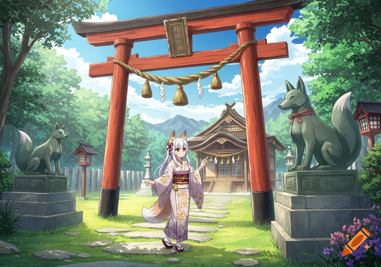 An anime girl with fox ears and tail in a kimono stands before a red Torii gate and shrine with fox statues.