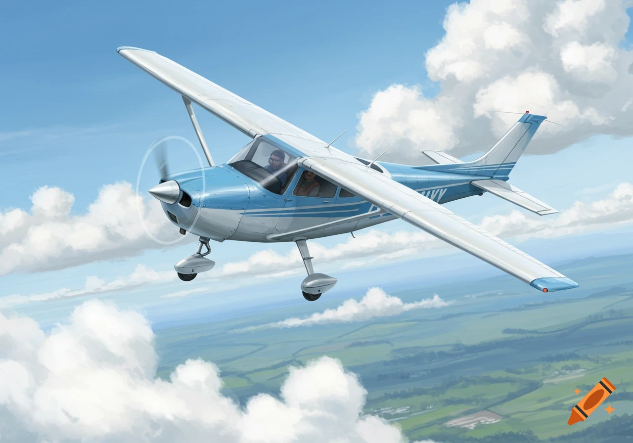 An illustrated blue and white Cessna 172 airplane flies through clouds over green landscape.