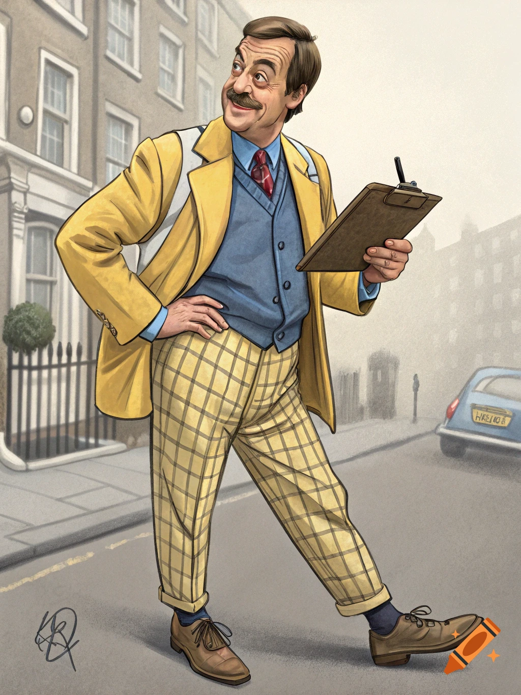 Caricature illustration of a man resembling Del Boy in yellow jacket and checked trousers holding a clipboard on a London street.