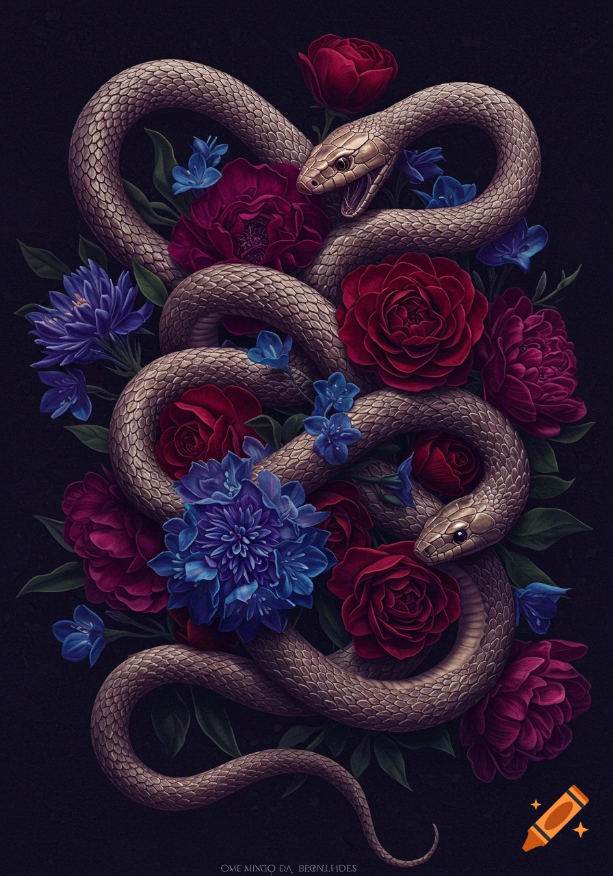 Two snakes intertwined among red and purple flowers on a dark background, illustration style.