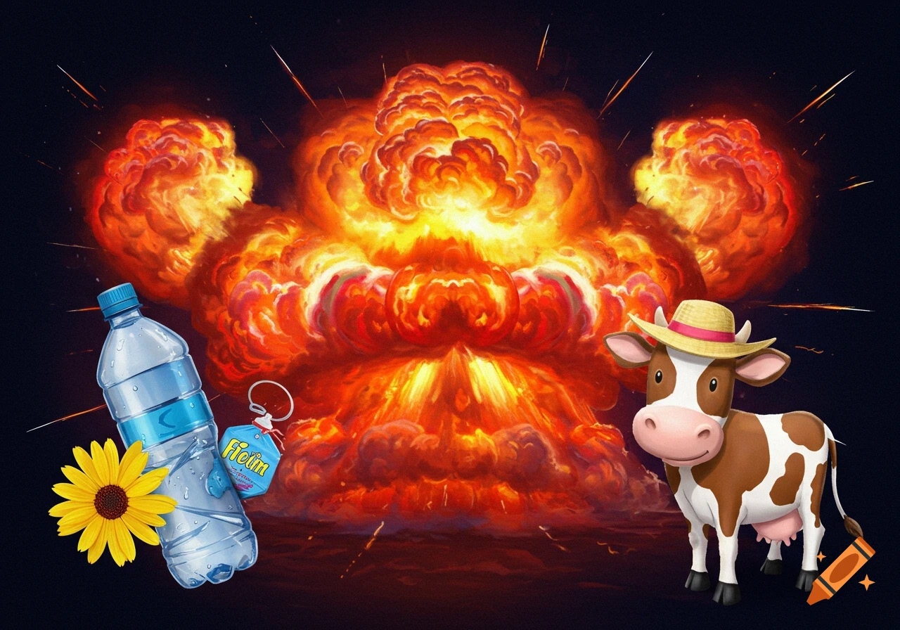 A cartoon cow in a hat stands next to a large explosion, a water bottle, and a sunflower.