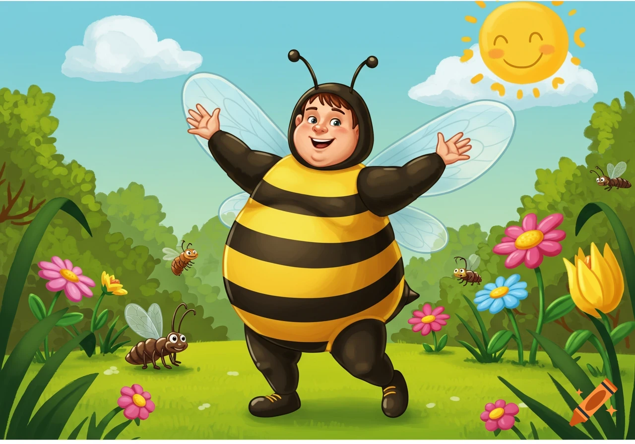 A cartoon character wearing a bee costume stands in a field with flowers and bees, smiling under a sunny sky.