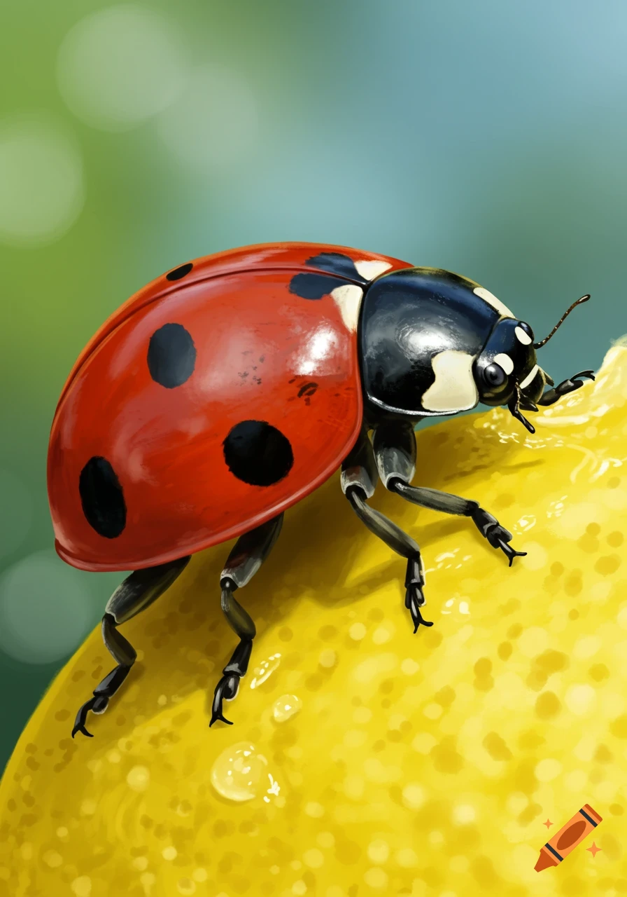 Close-up digital painting of a red ladybug with black spots on a textured yellow surface.