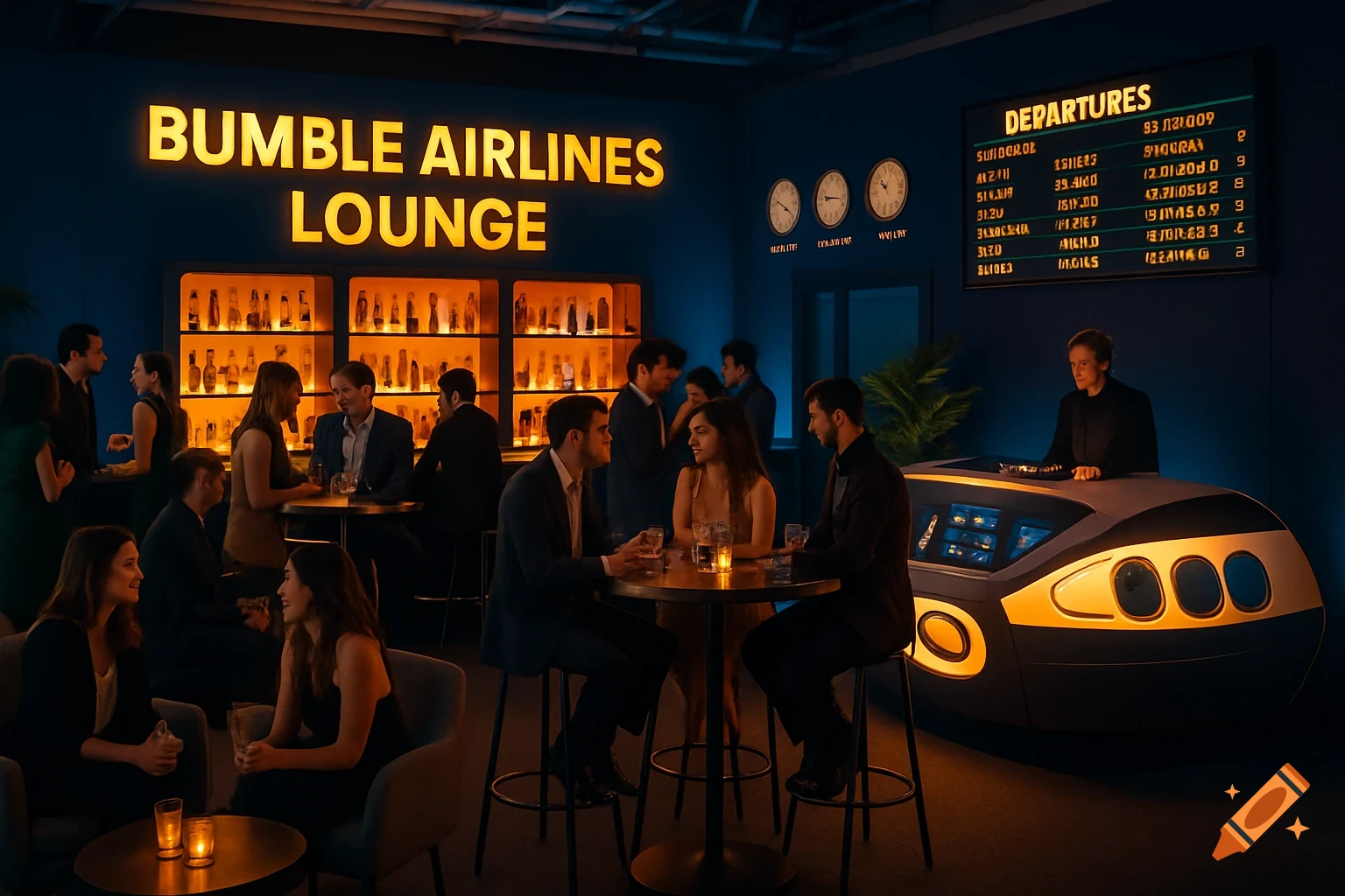 People socializing in a stylized airport lounge with glowing Bumble Airlines Lounge sign and departures board.