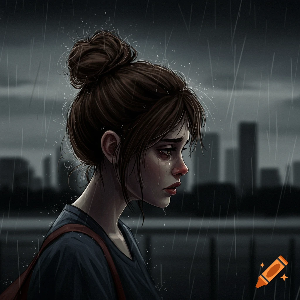 Illustration of a sad woman with her hair in a bun crying in the rain with a city skyline behind her.