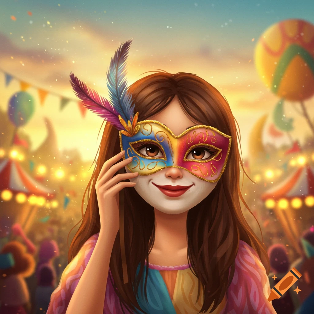 Girl wearing a colorful mask at a festive carnival illustration