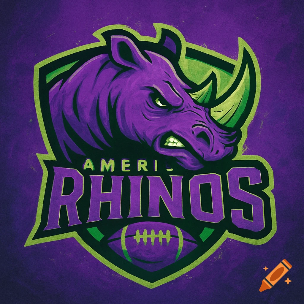 Purple rhino head logo for American football team with green outline and a football.