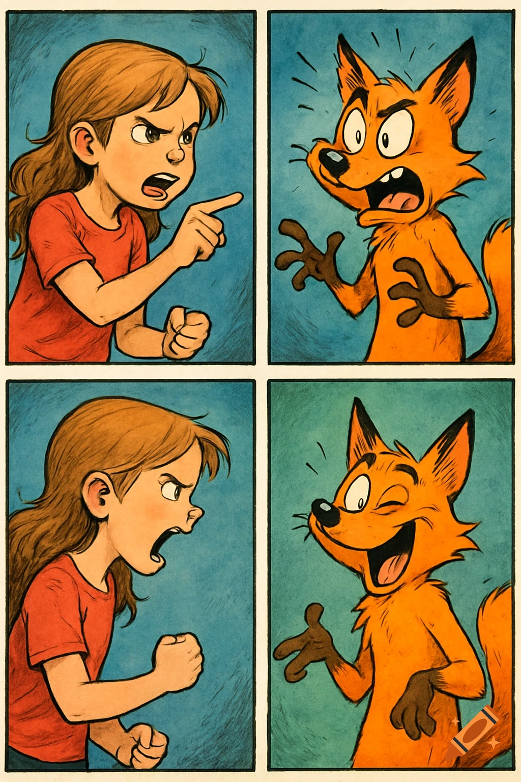 Four-panel comic of a girl arguing with a fox