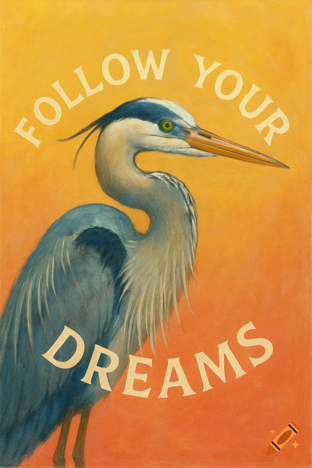 Illustration of a heron with 'FOLLOW YOUR DREAMS' text on a yellow and orange background.