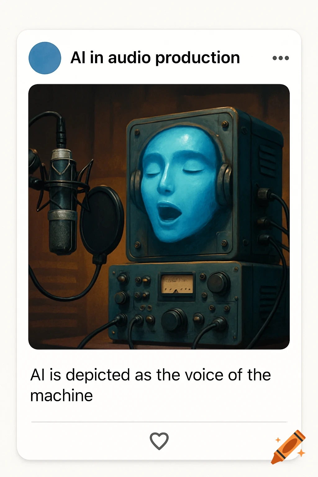 A blue face inside a machine frame with headphones, connected to a microphone and audio equipment, presented as a social media post.