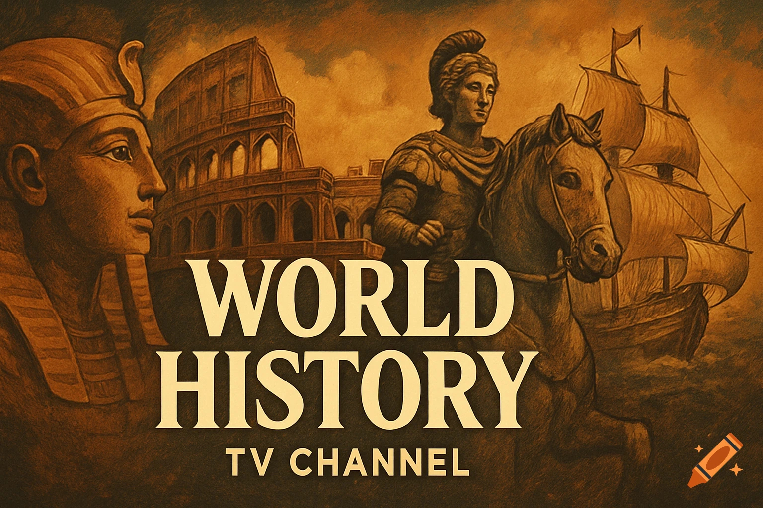 Illustration in sepia tone showing an Egyptian pharaoh head, the Colosseum, a Roman soldier on horseback, and a ship, with text 'WORLD HISTORY TV CHANNEL'.