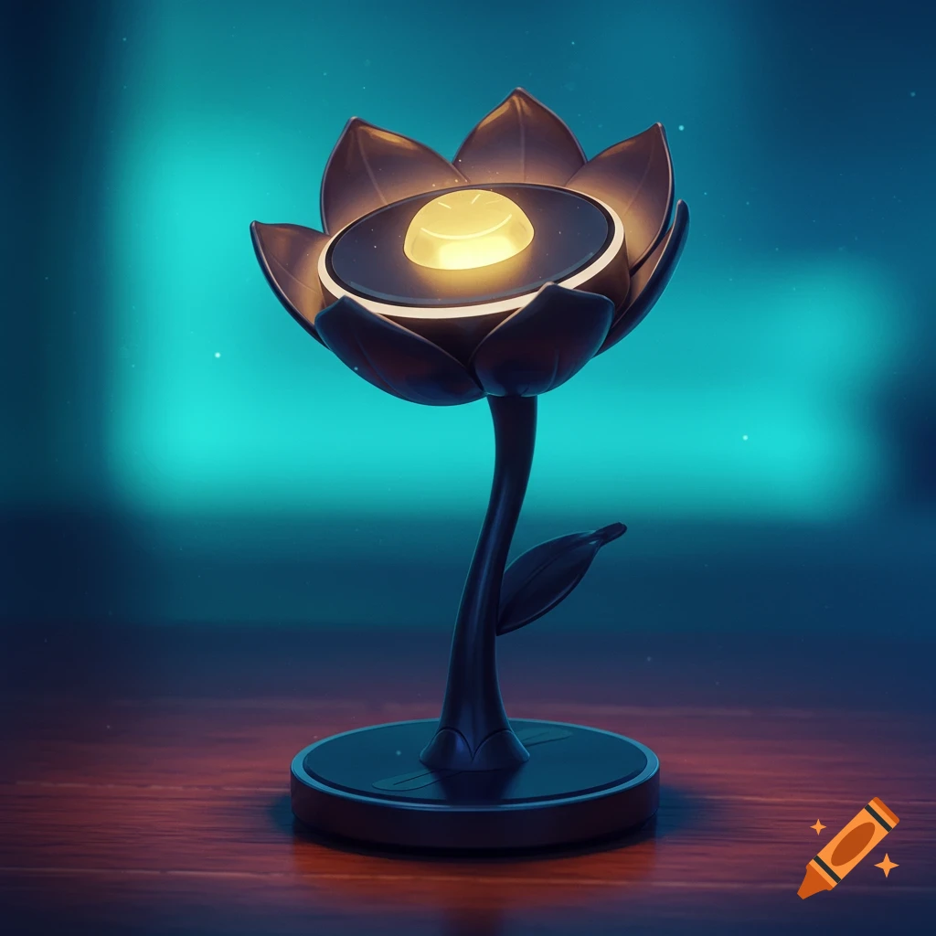 A stylized lamp shaped like a glowing flower on a dark surface with a blue background.