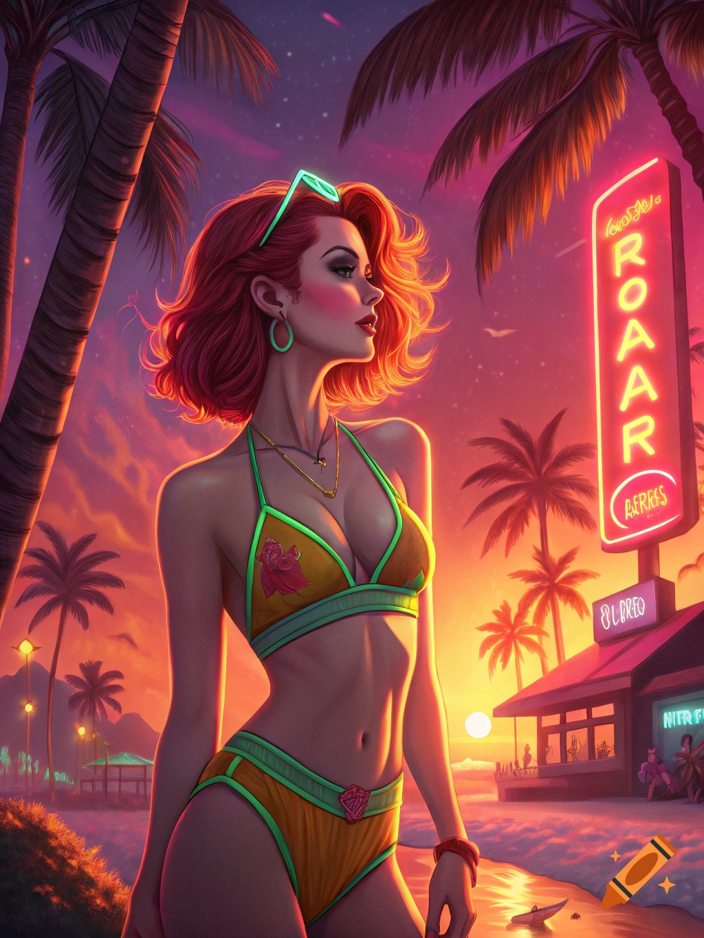80s retro pin-up illustration of a woman in a bikini on a beach at sunset with palm trees and neon signs.