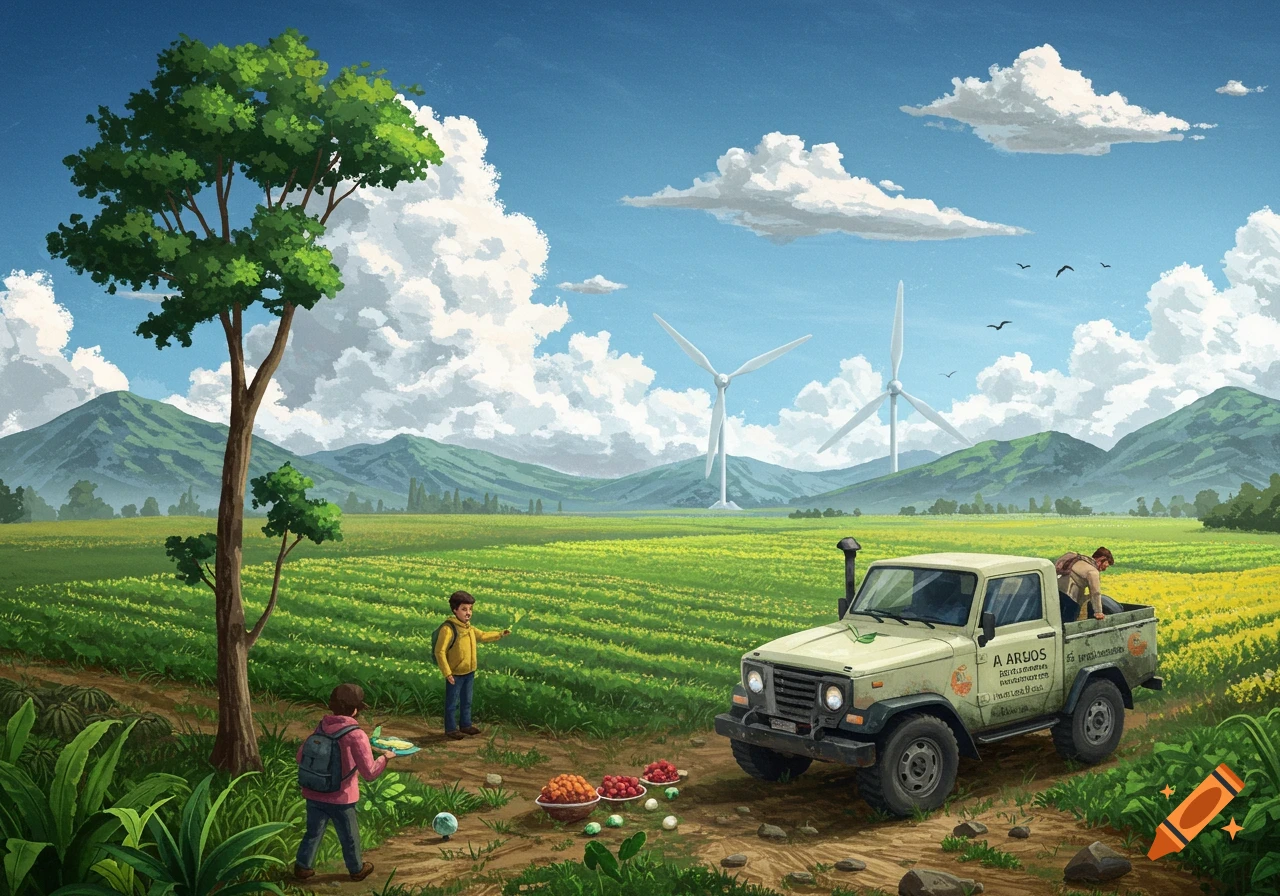 A rural landscape with farmers, a truck, wind turbines, and mountains under a cloudy sky.