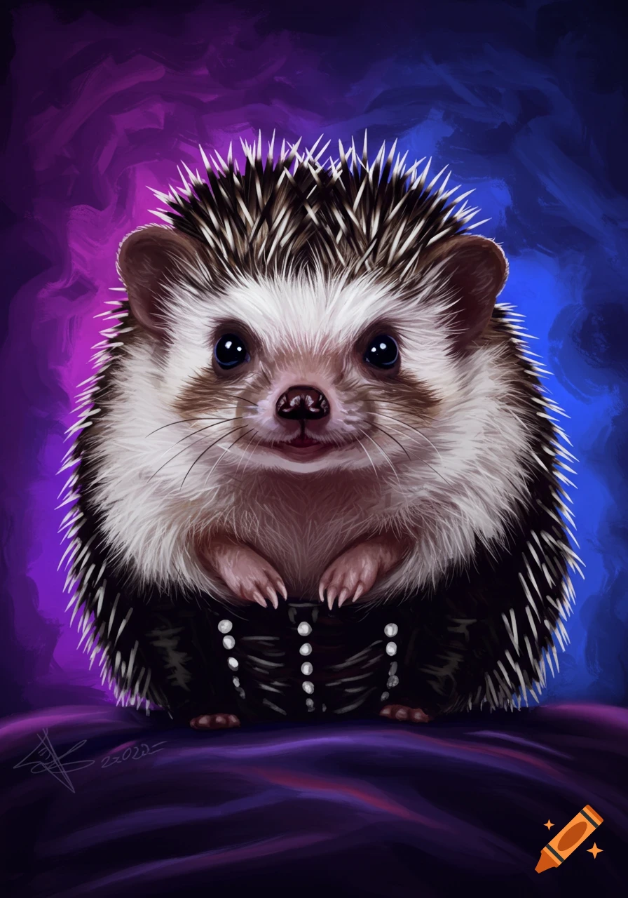 A cute hedgehog wearing a black costume with white buttons, rendered in a digital painting style against a purple and blue background.