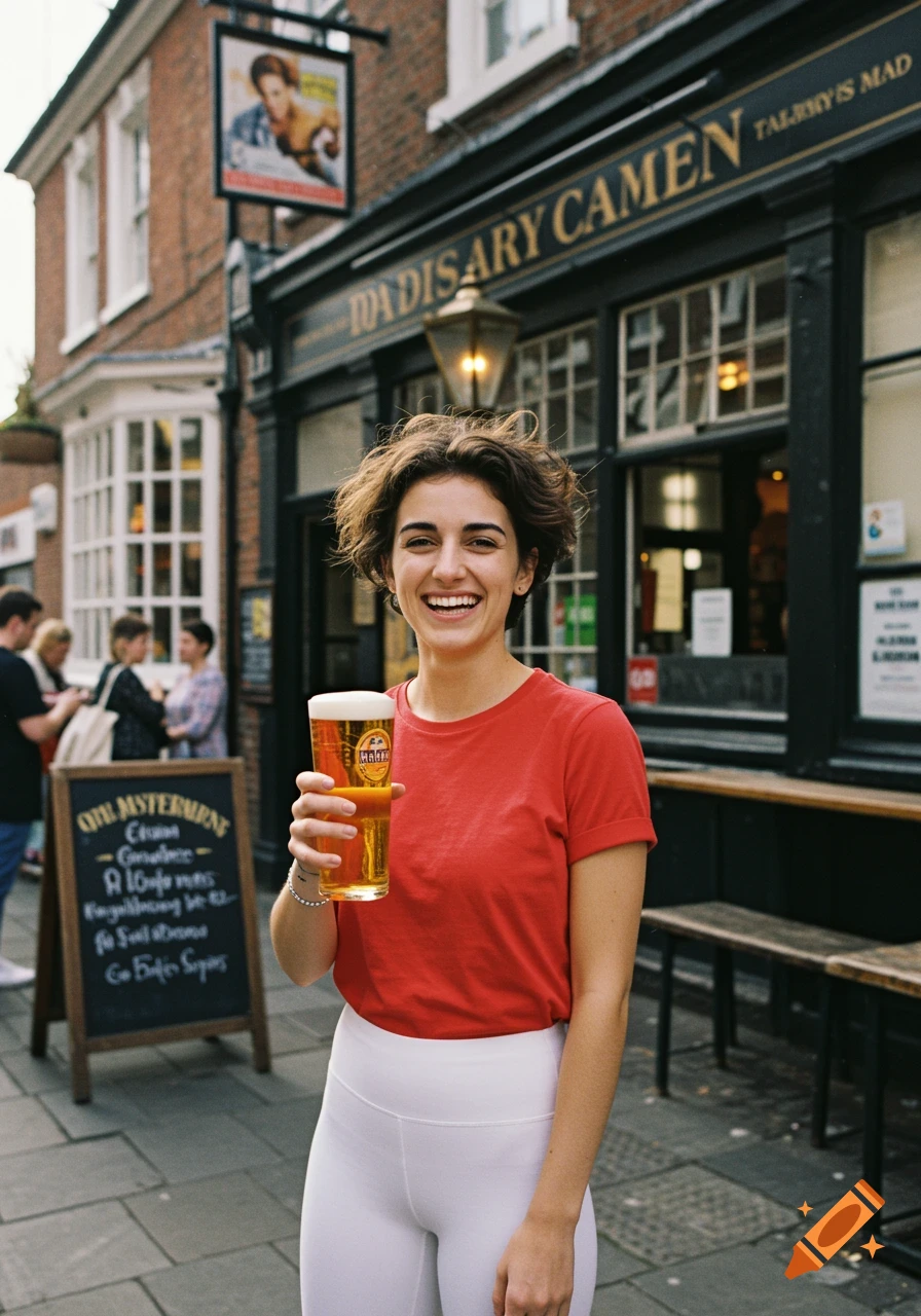 Young woman with short hair, smiling and holding a beer glass, standing outside a pub with signs and people in the background.