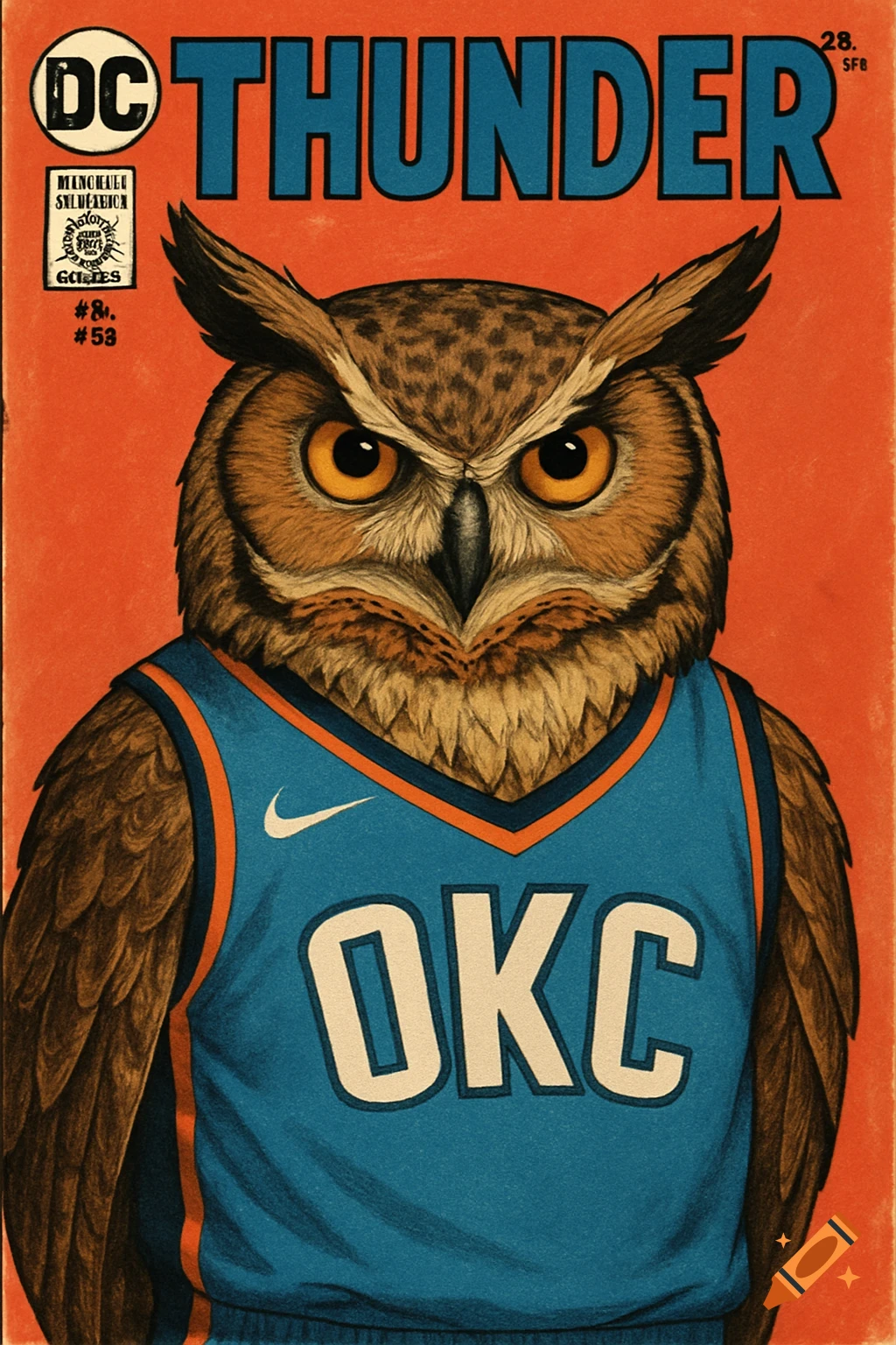 An owl wearing an OKC Thunder jersey on a comic book cover.