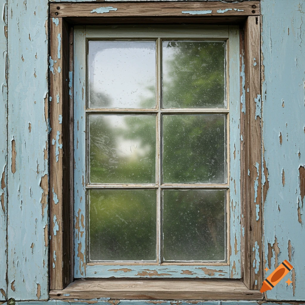 Close-up of an old window with peeling blue paint