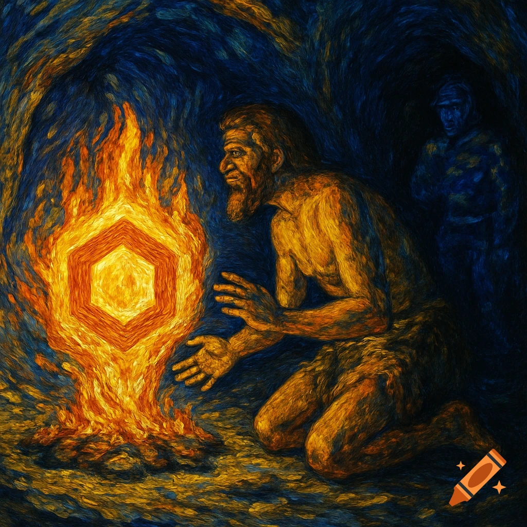 Painting of a caveman kneeling by a hexagonal fire in a cave, another figure in background, in Van Gogh style.