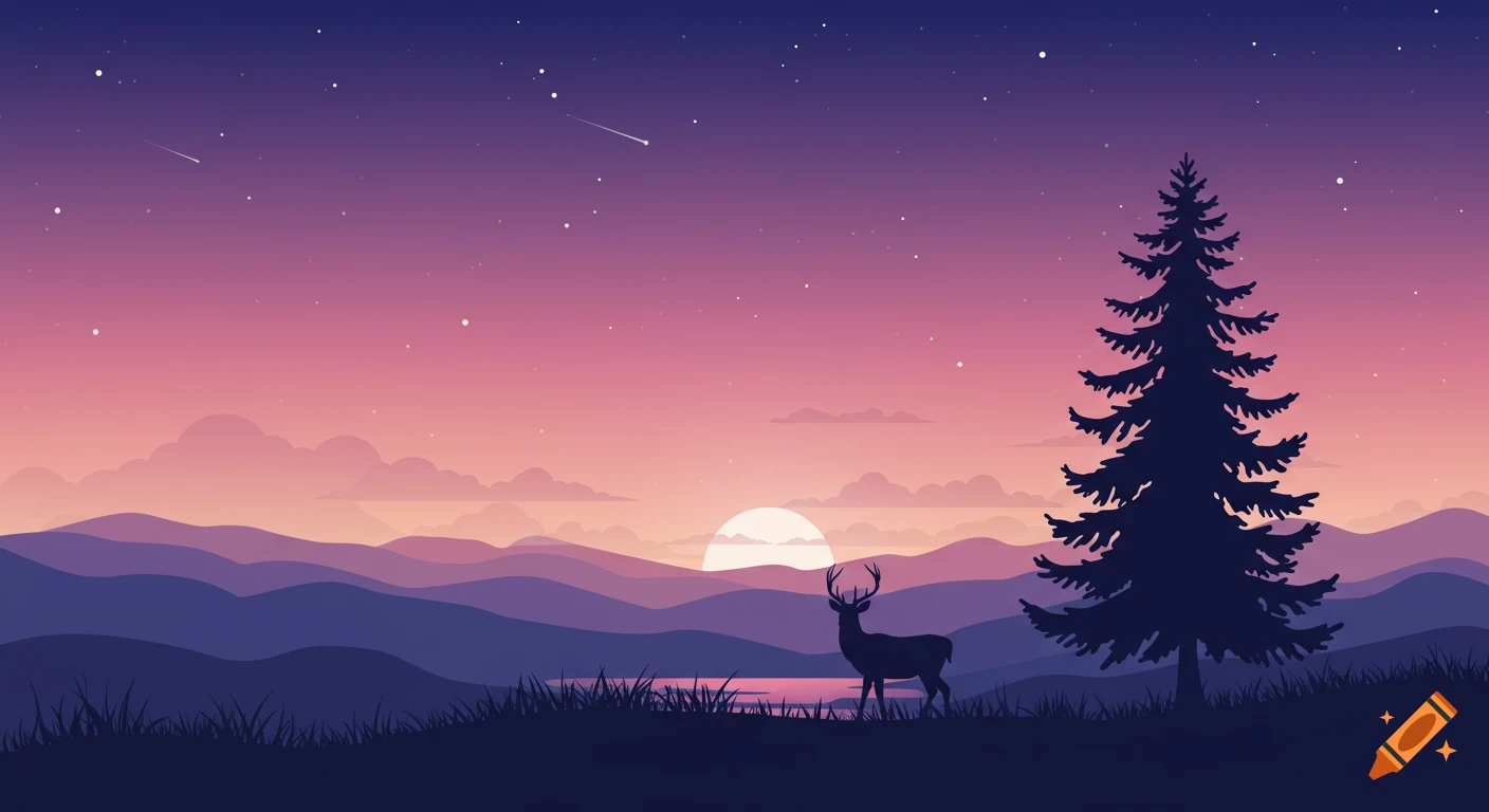 Vector art landscape of a deer and pine tree silhouette at sunset with mountains and stars.