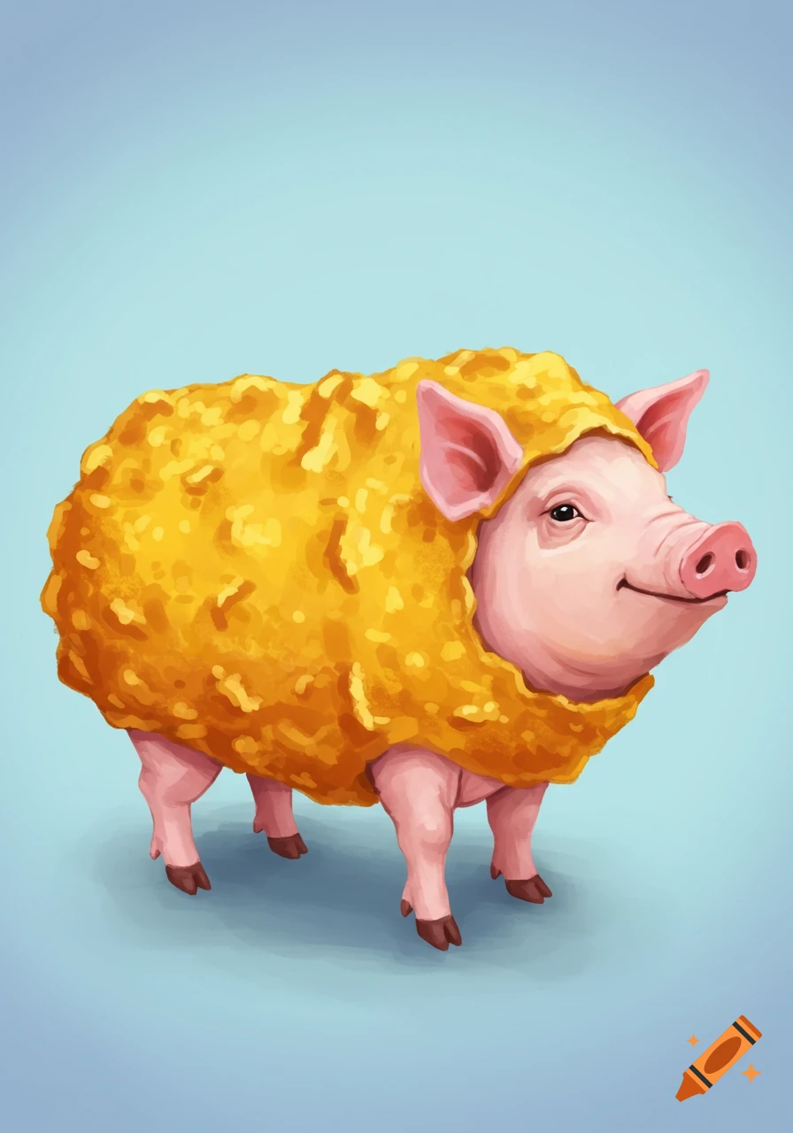 Illustration of a pig wearing a chicken nugget costume