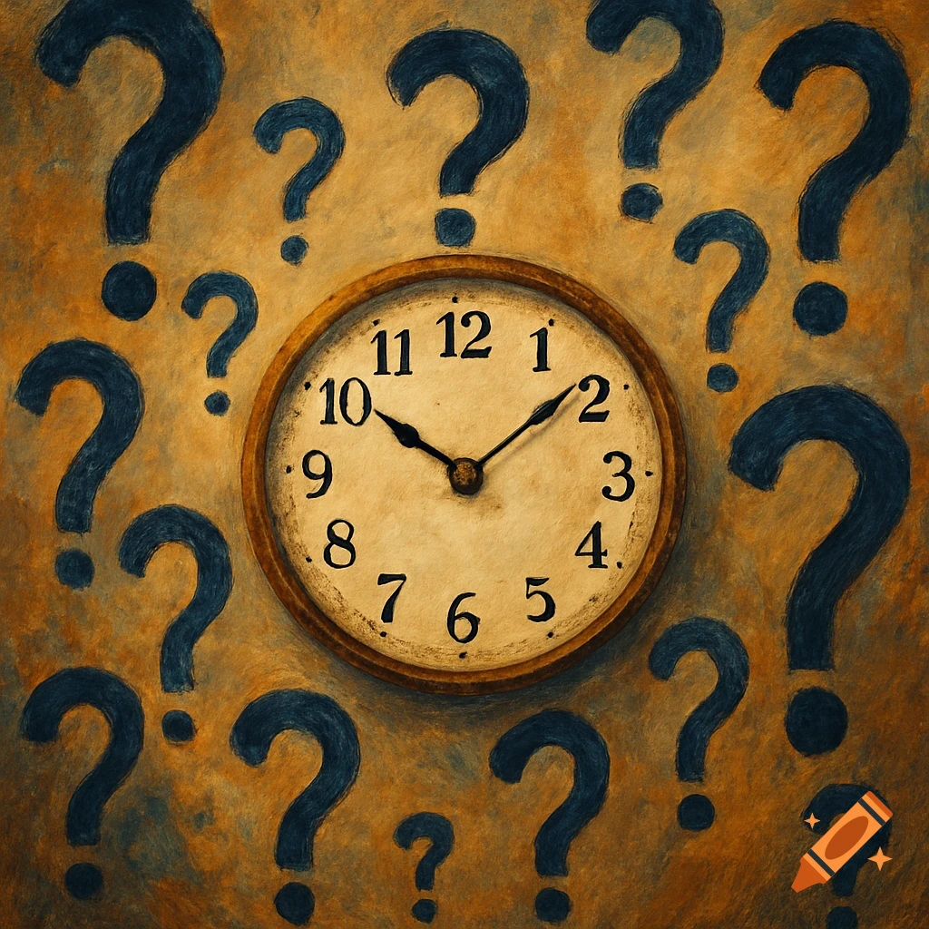Clock face surrounded by question marks in a textured style