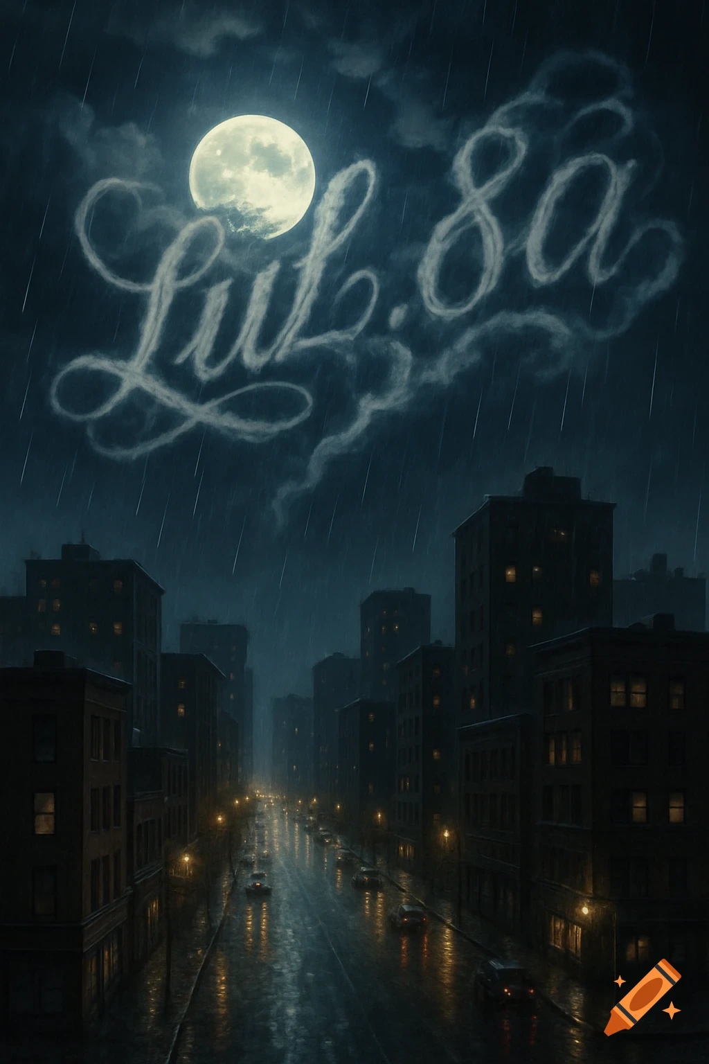 Rainy night city street under a full moon, with 'LUL.8A' written in smoke.