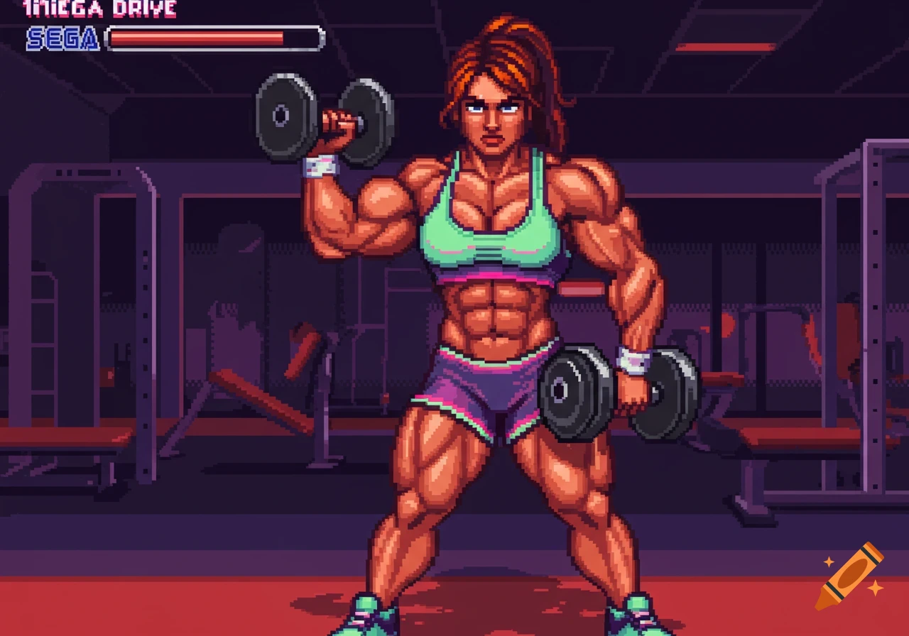 Pixel art of a strong, muscular woman lifting dumbbells in a retro style gym scene.