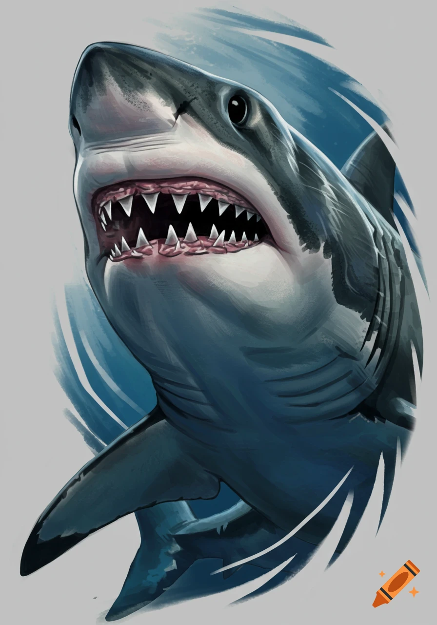Illustration of a great white shark with mouth open showing teeth