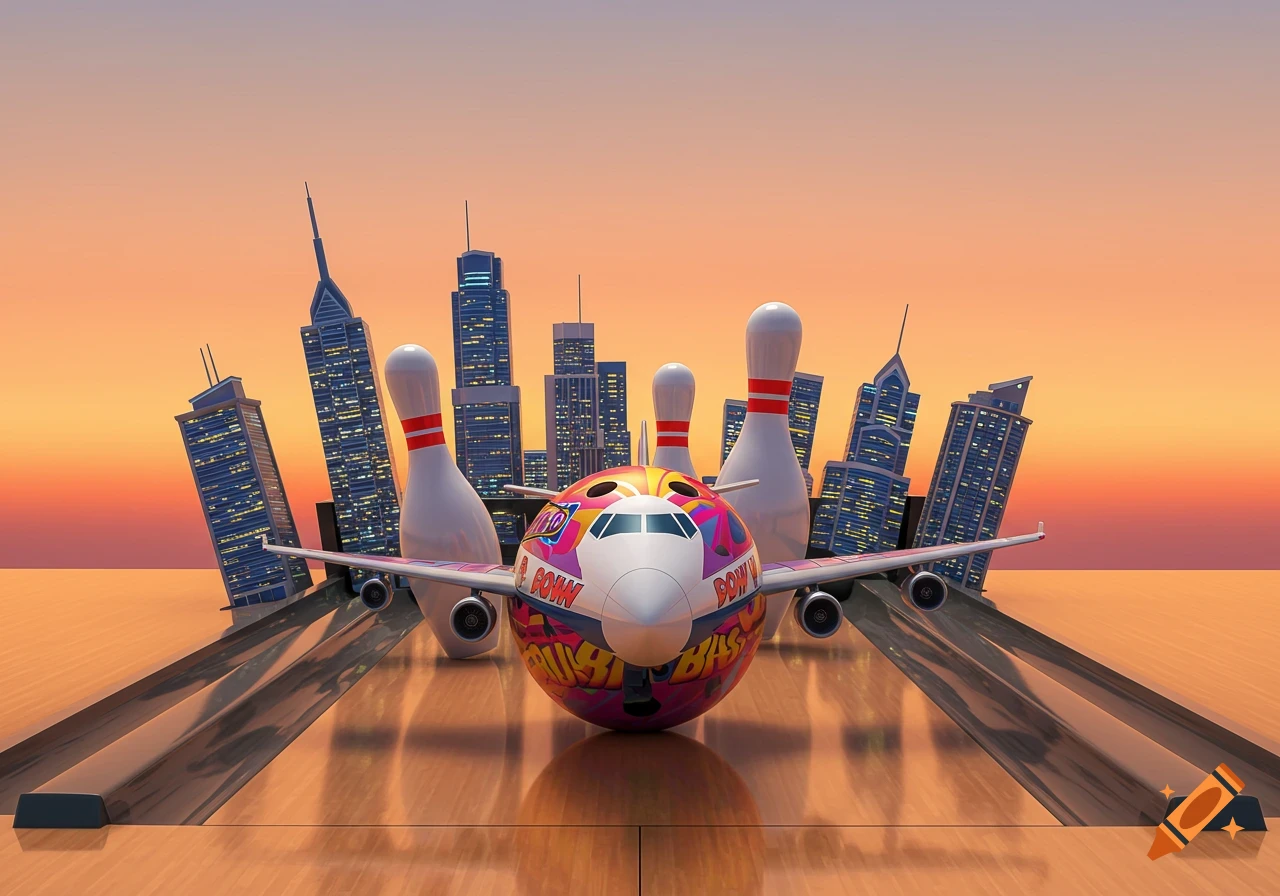 A surreal image of a plane bowling ball hitting skyscraper pins on a bowling lane at sunset with comic text on the plane.
