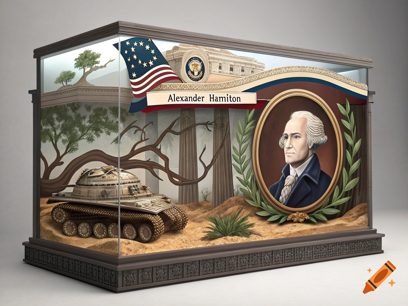 Diorama featuring a tank, Alexander Hamilton portrait, and landscape within a display tank.