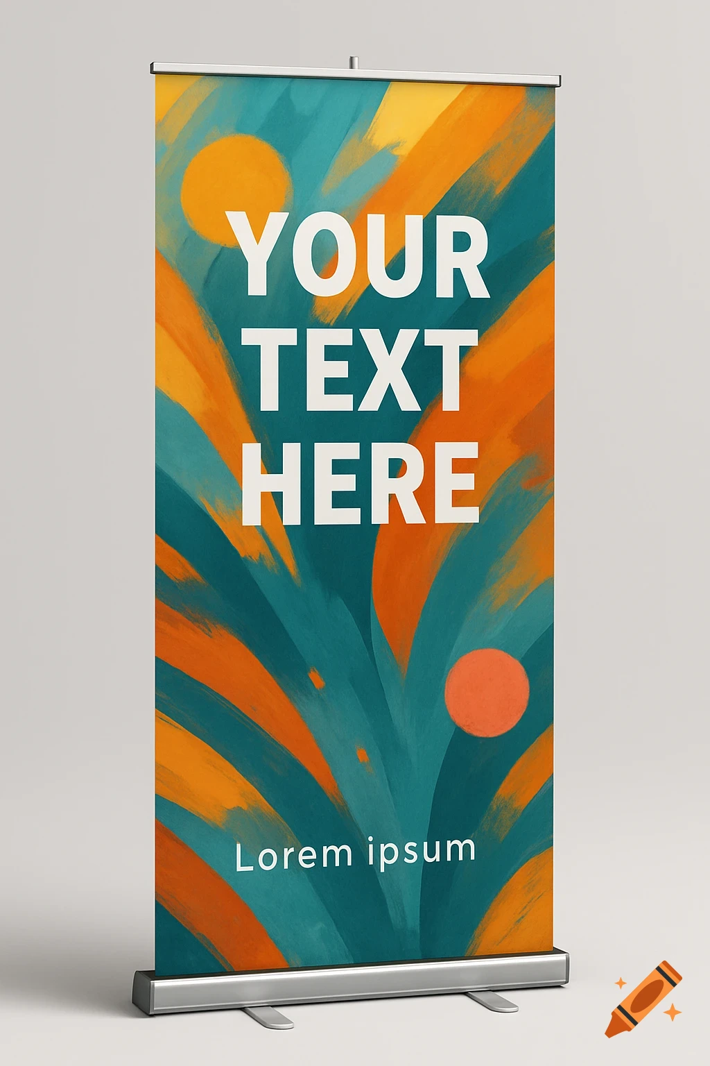 A pull-up banner mockup with abstract orange and teal brushstrokes and placeholder text.