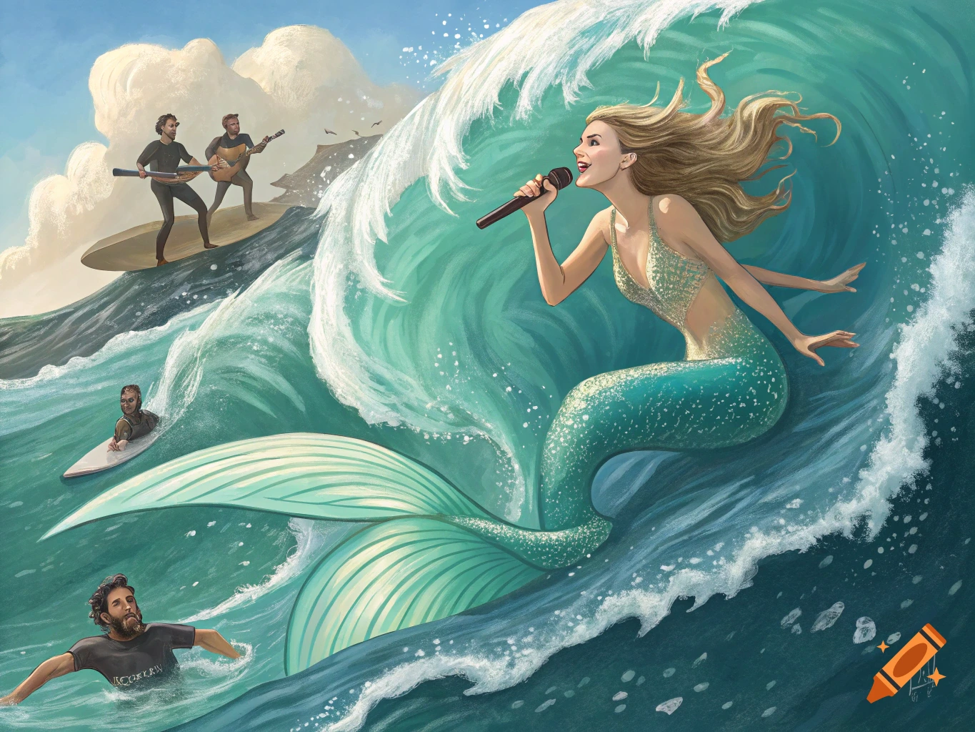 A mermaid sings into a microphone while surfing a big wave, with men surfing nearby in the ocean.