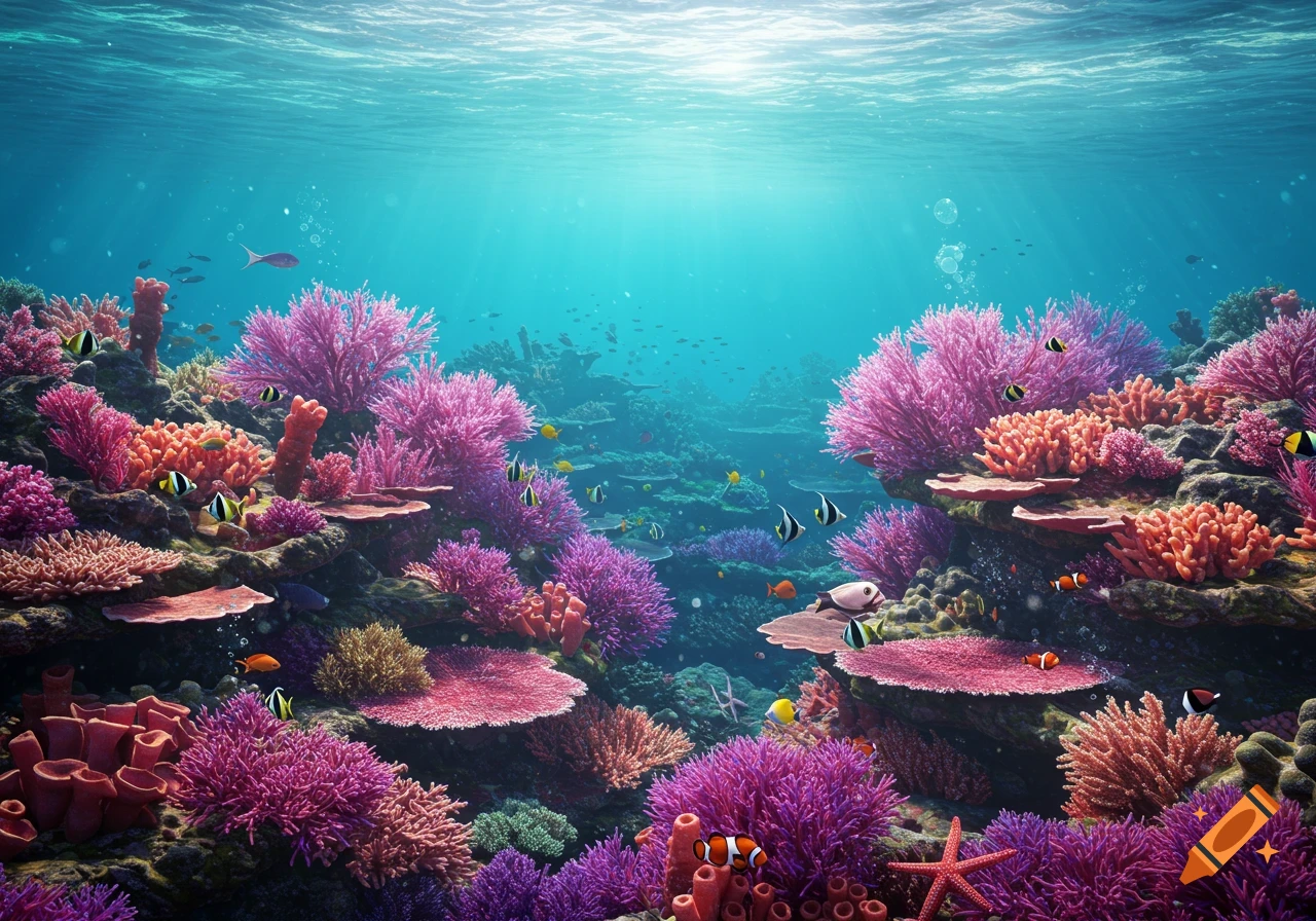 A vibrant coral reef scene underwater with various fish swimming among colorful corals and rocks.