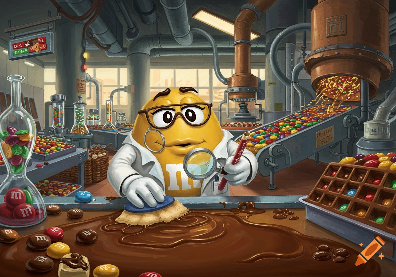 Cartoon M&M character in a lab coat swabbing chocolate in a factory setting.