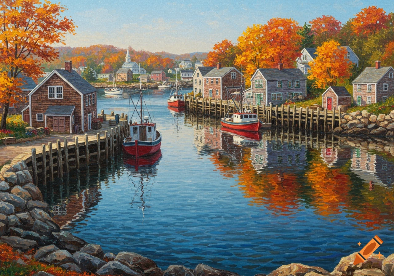 Oil painting of a New England harbor in autumn with fishing boats, houses, and colorful trees.