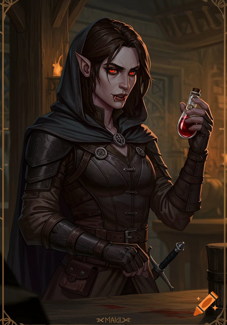 A female fantasy character, likely a vampire rogue, with red eyes and blood on her lips, holding a vial, in dark armor.