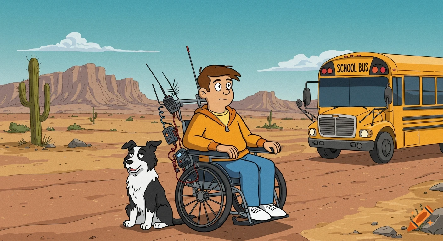 A cartoon of a boy in a wheelchair with a dog in a desert as a school bus approaches.