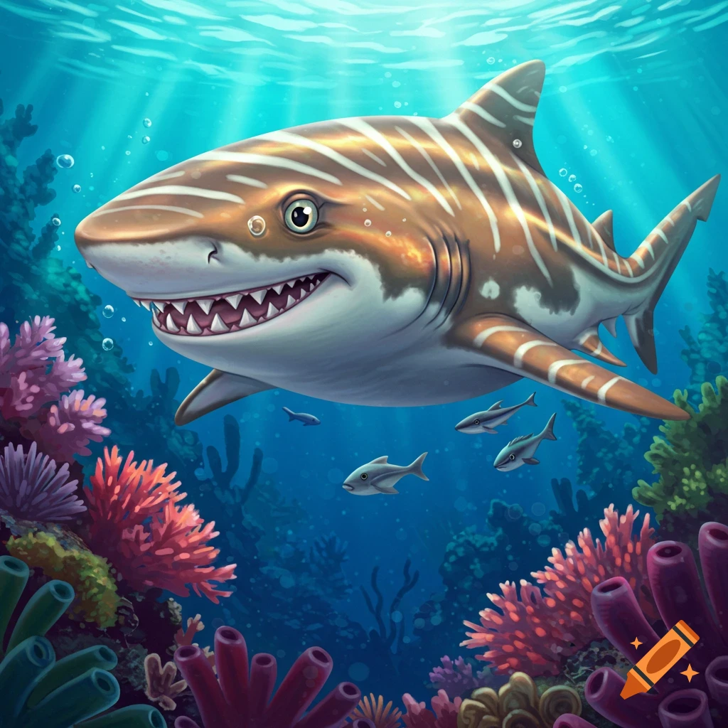 A cartoon shark with striped skin swims underwater in a vibrant coral reef.