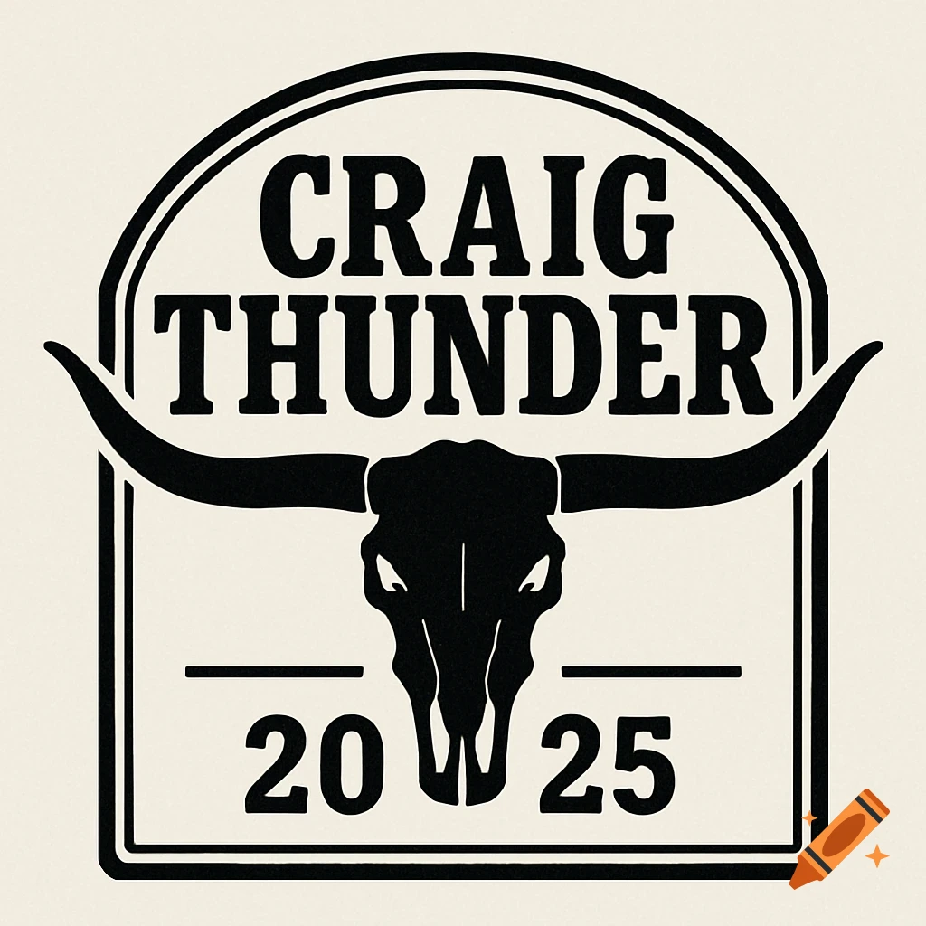 Black and white logo with text CRAIG THUNDER above a bull skull and 2025 below