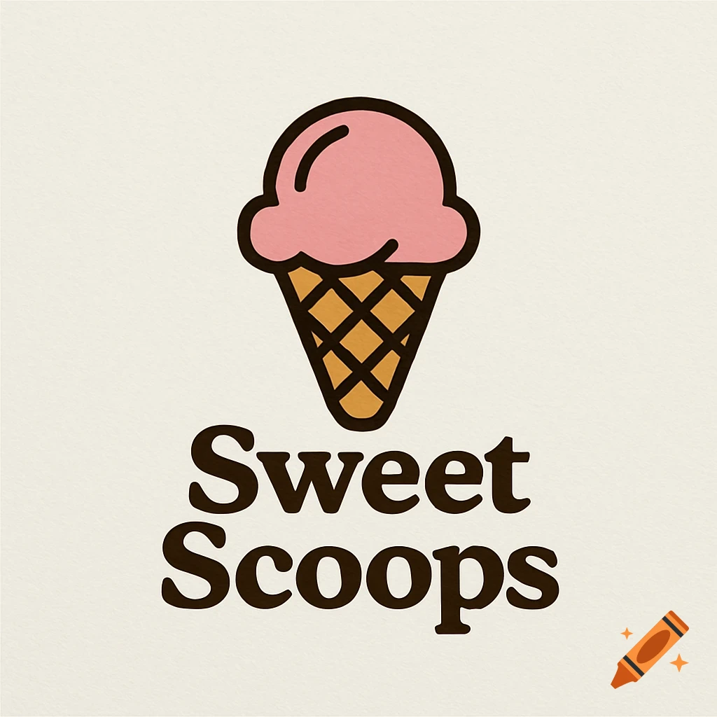 Logo for Sweet Scoops ice cream shop with a pink ice cream scoop on a cone
