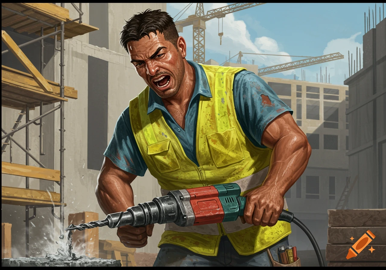 A construction worker in a safety vest intensely uses a drill on concrete at a building site.