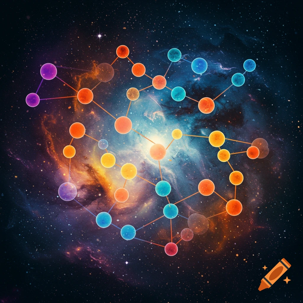 Colorful network of nodes and lines against a deep space nebula and starfield background.