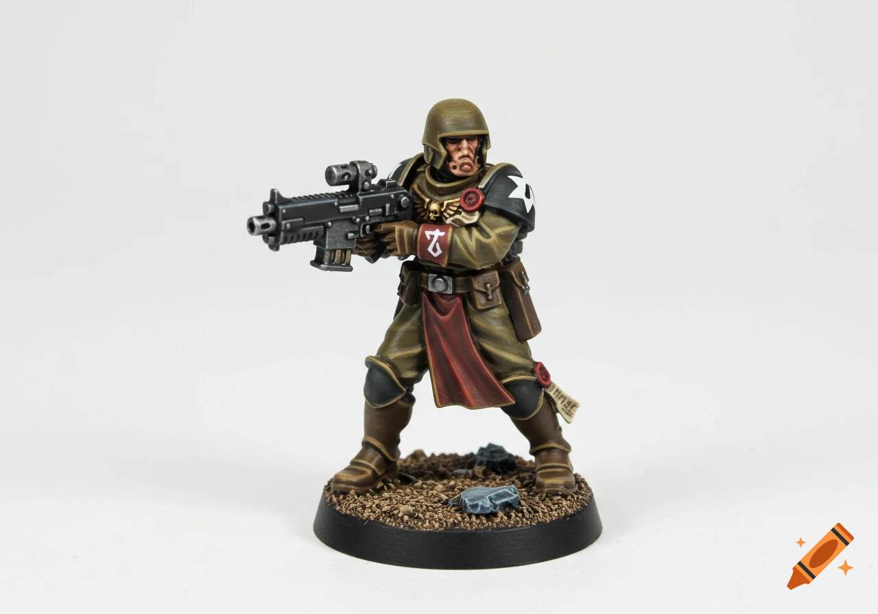 Painted miniature of an Imperial Guard soldier holding a rifle, studio photo on white background.