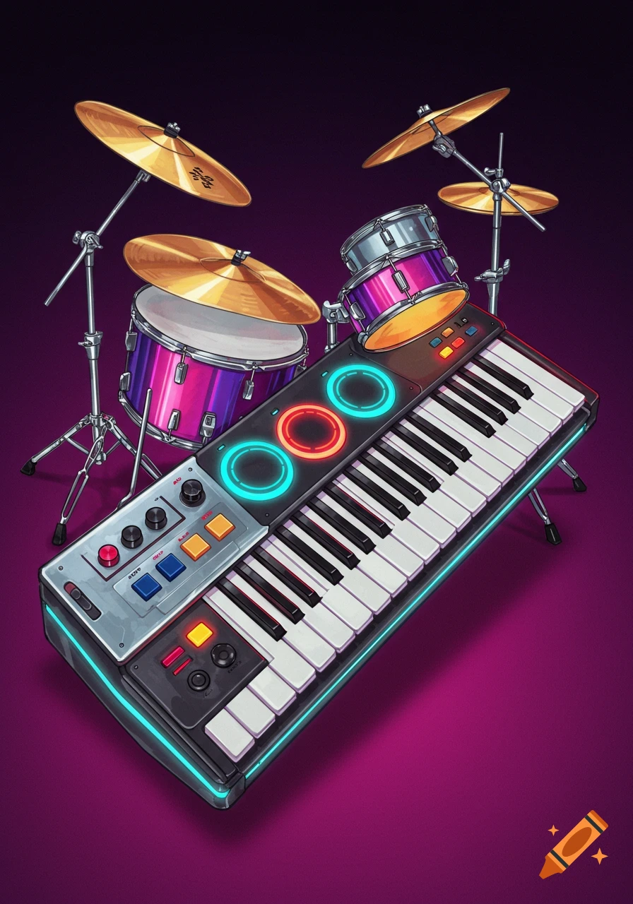 Stylized illustration of a musical instrument hybrid combining a keyboard and drum set.