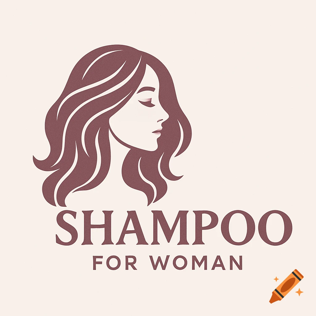 Logo of a woman's profile with wavy hair, with text "SHAMPOO FOR WOMAN".
