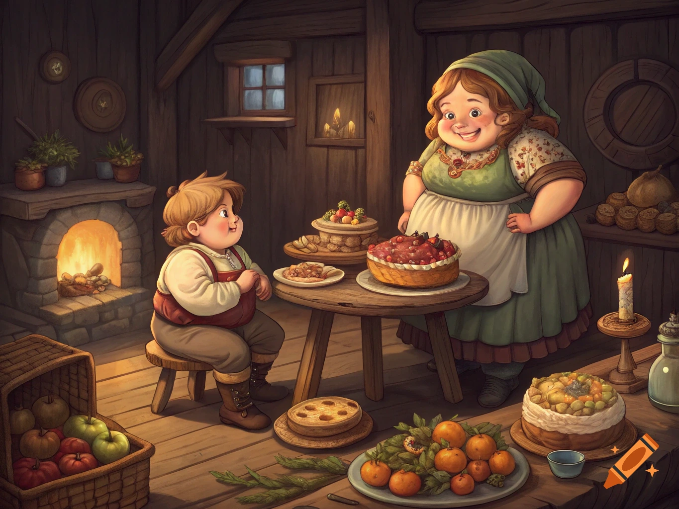 Storybook illustration of two characters and lots of food in a rustic kitchen.