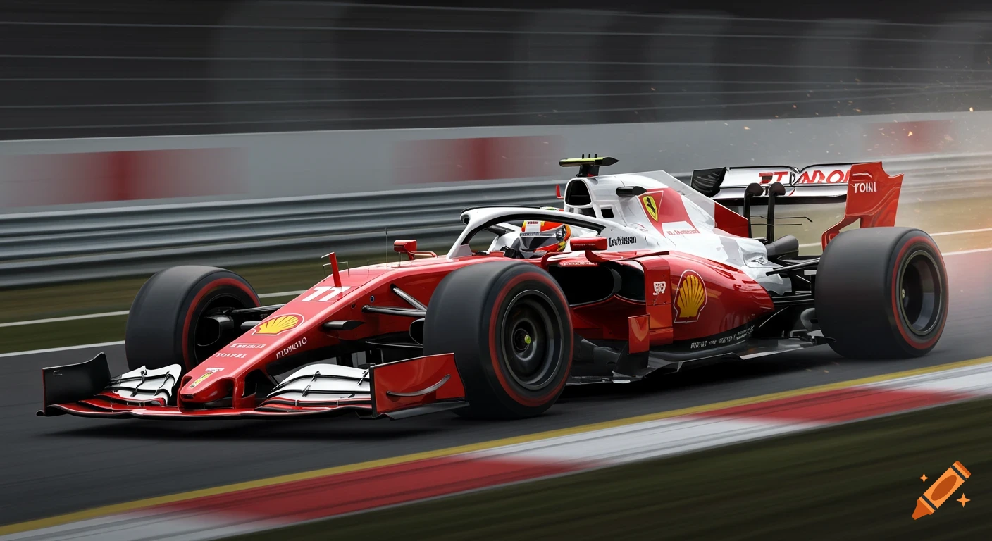 Red and white Formula 1 race car speeding on a track